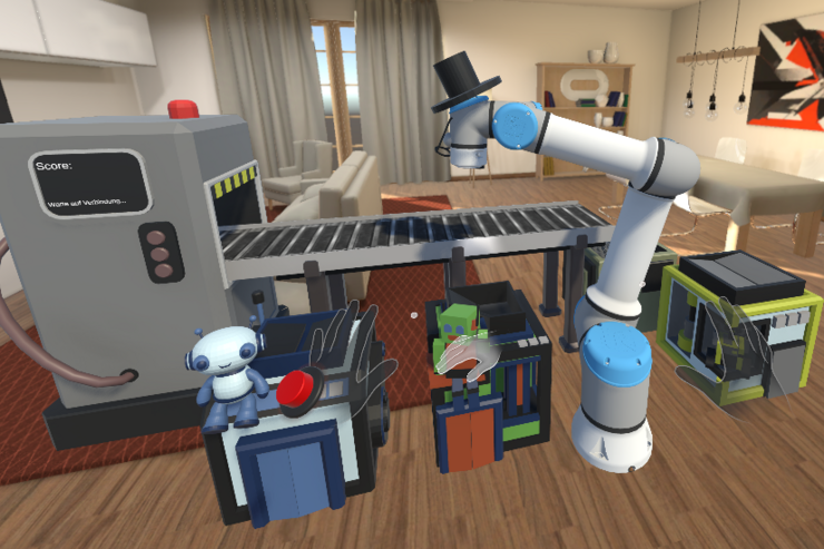 Mixed-Reality-Spielumgebung mit einem Roboterarm, einem Förderband und verschiedenen Spielfiguren und Maschinen in einem virtuellen Wohnzimmer.