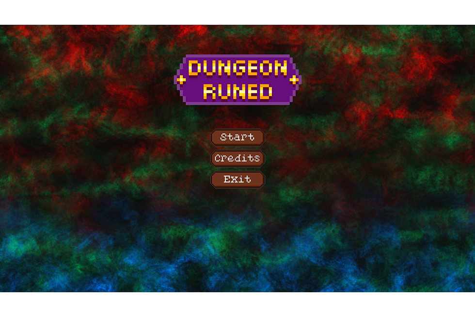 Mystischer Startbildschirm von Dungeon Runed mit den Buttons zum Start, Credits und Exit