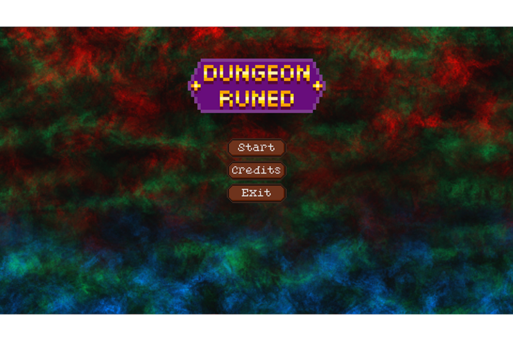 Mystischer Startbildschirm von Dungeon Runed mit den Buttons zum Start, Credits und Exit