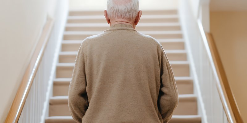 Ein älterer Herr steht am Fuße einer Treppe. 