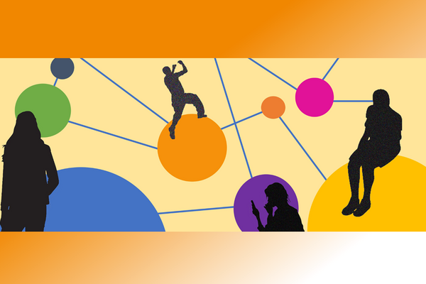 Das Bild zeigt eine Grafik mit verbundenen bunten Kreisen, auf denen die schwarzen Umrisse von Personen zu sehen sind.