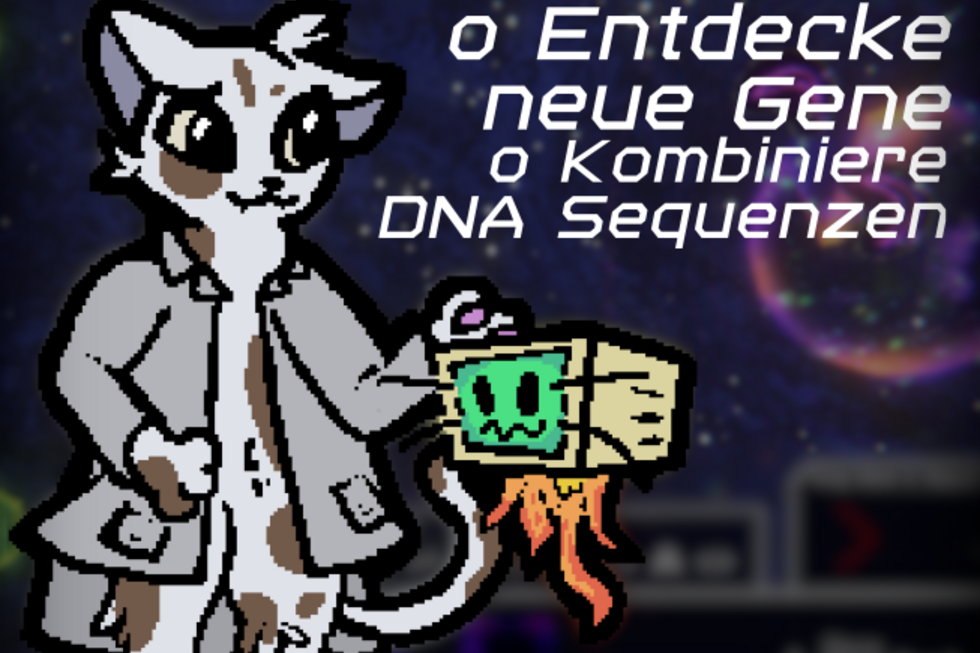 Projektplakat mit einer Katze im Doktortitel und dem Slogan "Entdecke neue Gene, Kombiniere DNA Sequenzen"