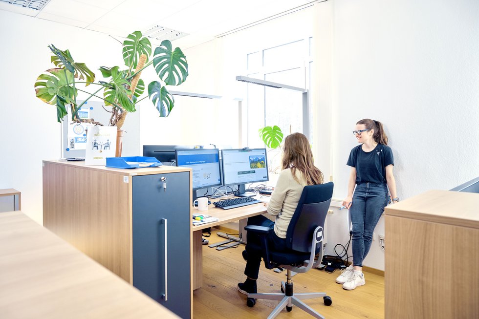 Zwei Personen an einem Schreibtisch in einem lichtdurchfluteten Büro